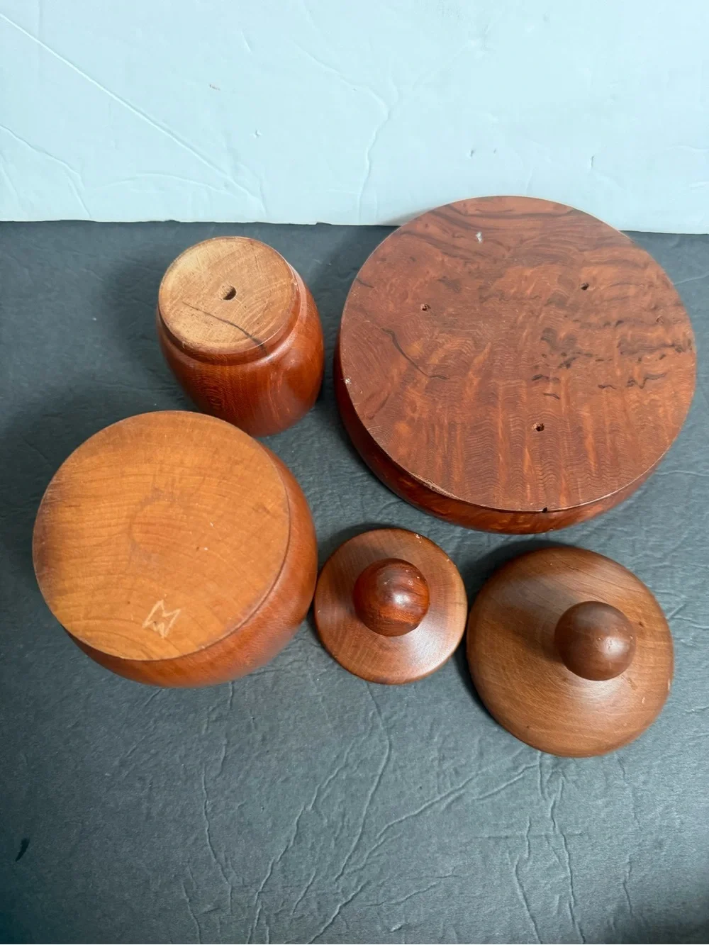Set of Two Turned Wooden Canisters with Lids - Rich Brown